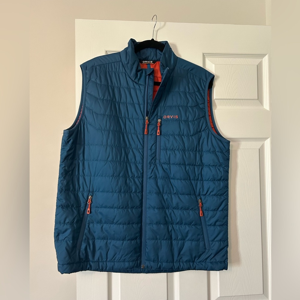 Orvis Men’s Blue/Orange Puffer Vest, L, Like New